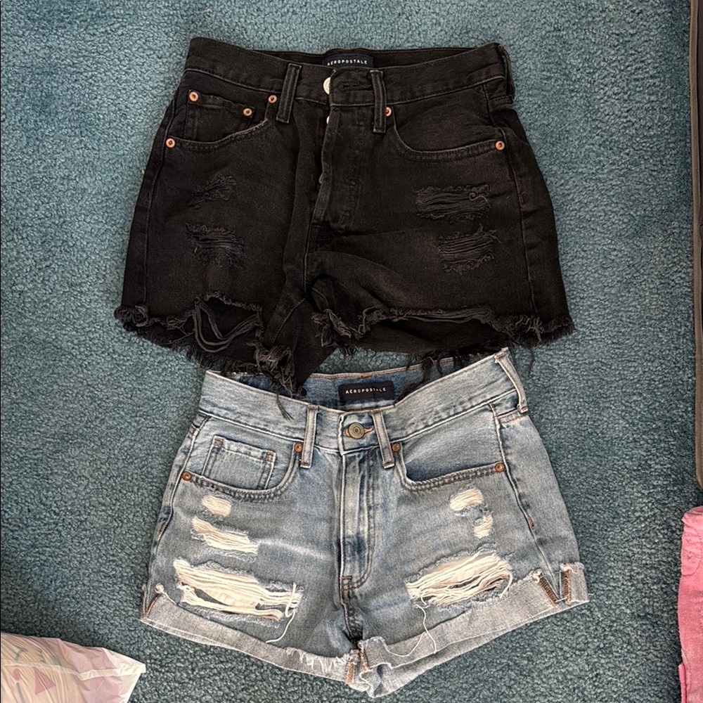 Aeropostale Distressed Jean Shorts Duo — Black & Light Blue